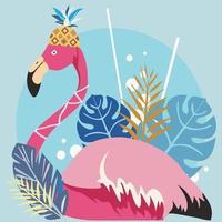 pássaros exóticos flamingos cor de rosa, folhas de palmeiras tropicais e flores, praia da selva. ilustração vetorial em um fundo azul vetor