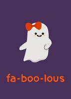 design de cartão de saudação vetorial fa-boo-lous com fantasma fofo. design de cartão fantasma de halloween em fundo escuro vetor