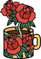 tatuagem tradicional de um copo e flores vetor
