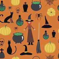 padrão sem emenda de halloween de vetor. bruxa, pote com poção verde, gato, caveira, aranha, teia de aranha, abóbora. design para decoração de halloween, têxtil, papel de embrulho, papéis de parede, adesivo, cartões. vetor