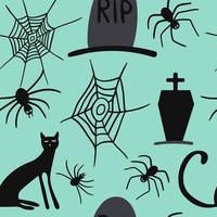 assustador padrão sem emenda de halloween. vetor gato preto, sepultura, aranha, teia de aranha isolado turquesa no fundo. design para decoração de halloween, têxtil, papel de embrulho, papéis de parede, adesivo, cartões.