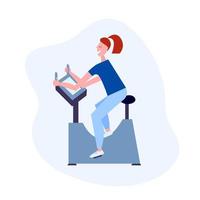 mulher na bicicleta ergométrica. ilustração vetorial de estilo simples. mulher feliz fazendo exercício de velo vetor