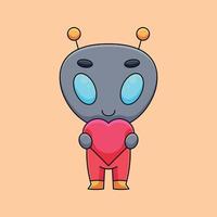 alienígena bonitinho segurando coração de amor mascote de desenho animado doodle arte conceito desenhado à mão ilustração de ícone kawaii do vetor