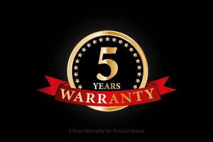 5 anos de logotipo de garantia dourada com anel e fita vermelha isolada em fundo preto, design vetorial para garantia de produto, serviço, corporativo e seu negócio. vetor
