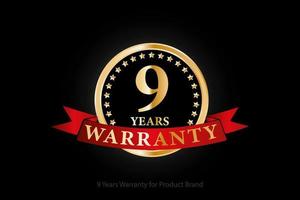 9 anos de logotipo de garantia dourada com anel e fita vermelha isolada em fundo preto, design vetorial para garantia de produto, garantia, serviço, corporativo e seu negócio. vetor