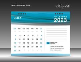 calendário de mesa 2023 - modelo de julho de 2023, modelo de design de calendário 2023, planejador, simples, design de calendário de parede, semana começa no domingo, impressão, propaganda, fundo azul aquarela, vetor
