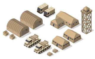 conjunto de objetos de transporte militar armado isométrico de tropa armada do exército e equipamentos de combate de guerra forçam elementos gráficos máquina de tanque ilustração 3d vetor