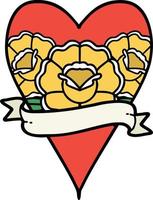 tatuagem tradicional de um coração e banner com flores vetor