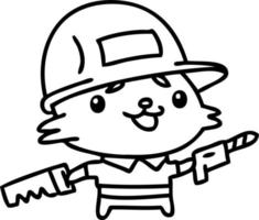 gato de linha doodle usando um chapéu de trabalho e segurando ferramentas vetor