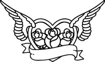 tatuagem em estilo de linha preta de um coração voador com flores e banner vetor