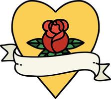 tatuagem tradicional de uma rosa de coração e banner vetor