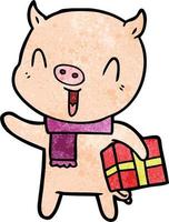 porco de desenho animado feliz com presente de natal vetor