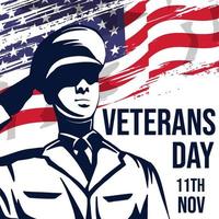 ilustração do dia dos veteranos com um soldado saudando e bandeira americana grunge vetor