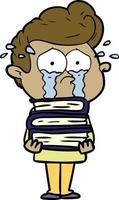 estudante chorando de desenho animado com pilha de livros vetor