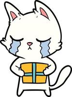 gato de desenho animado chorando segurando o presente de natal vetor