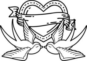 tatuagem em estilo de linha preta de andorinhas e um coração com banner vetor