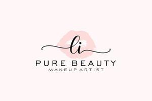 design de logotipo pré-fabricado de lábios em aquarela li inicial, logotipo para marca de negócios de maquiador, design de logotipo de boutique de beleza blush, logotipo de caligrafia com modelo criativo. vetor