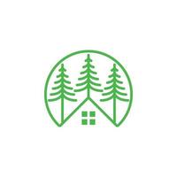 logotipo de vetor de cabine com pinheiros de coníferas de cedro. ícones de propriedade minimalistas e simples. linha arte retro hipster vintage símbolo. casa orgânica, ilustração de design de cabana de floresta.