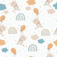 padrão perfeito com um gatinho fofo em um balão e um arco-íris, papel de parede de ilustração infantil, cartazes e fundos. vetor