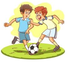 dois meninos jogam futebol, crianças felizes jogando futebol no parque isolado na ilustração vetorial branca vetor