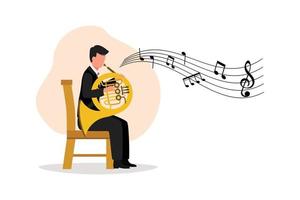 design de negócios desenho músico masculino de terno tocando melodia clássica na trompa. instrumentista tocando música em instrumento de sopro. homem com trompete. ilustração em vetor estilo cartoon plana