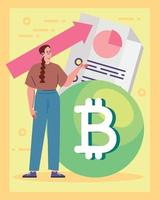 bitcoin com seta de mulher e estatísticas vetor