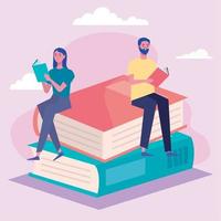 leitores de casal lendo livros sentados em personagens de livros vetor