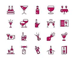 linha de celebração de vinhos e bebidas e coleção de ícones de preenchimento vetor