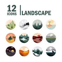 coleção de ícones circulares de paisagem e natureza vetor