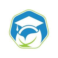 modelo de logotipo de vetor de estudante de natureza. folha com design de ícone de vetor de modelo de logotipo de chapéu de formatura.