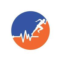 vetor de ícone de design de logotipo de maratona de pulso. design de logotipo de cuidados de saúde do corpo. homem correndo com ícone de batimento cardíaco de linha ecg.