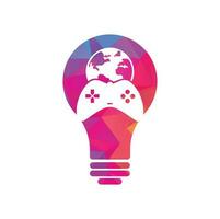 jogo globo lâmpada forma conceito logotipo ícone design. logotipo do mundo do jogador online. ícone de globo e stick de jogo vetor