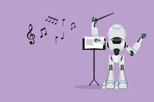 estilo cartoon plana desenhando a visão traseira do personagem maestro robô se apresentando no palco, dirigindo a orquestra sinfônica. organismo cibernético robótico humanóide moderno. ilustração em vetor design gráfico