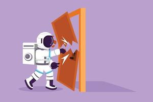 design plano gráfico desenhando jovem astronauta perfurando e destruindo a porta na superfície da lua. retrata eliminando a barreira da porta de entradas. conceito de espaço profundo de cosmonauta. ilustração vetorial de estilo cartoon vetor