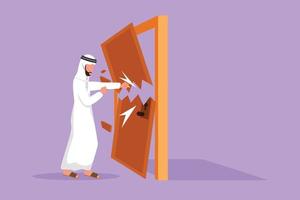 estilo plano de desenho animado empresário árabe perfurando e destruindo a porta. retrata eliminar barreira de entradas, superar desafios, destruir obstáculos com força. ilustração em vetor design gráfico