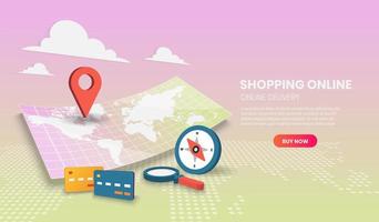 conceito de compras online com mapa-múndi e bússola vetor