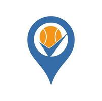 verifique o design de logotipo de vetor de conceito de forma de pino de mapa de tênis. bola de tênis e logotipo do ícone de carrapato.