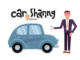 compartilhamento de carros on-line. empresário reserva carro por aplicativo no celular. serviço de transporte on-line. conceito de viagem. serviço de compartilhamento de carro de letras pessoa feliz antes do carro ilustração em vetor plana dos desenhos animados