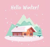 paisagem de inverno nevado com montanhas e casa de campo de madeira log e queda de neve. cartão de temporada de natal com texto olá inverno. ilustração vetorial de estilo cartoon plana em cores de menta rosa vetor