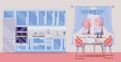 cozinha azul de ilustração plana em fundo rosa com acessórios de cozinha - geladeira, forno, microondas. mesa de jantar com 4 cadeiras por janela com cortinas transparentes, chá, bule. outono lá fora.