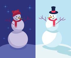 conjunto de dois bonecos de neve engraçados de férias de inverno de dia e de noite. personagens emocionais em chapéus engraçados são ilustração vetorial plana feliz, branca, azul e vermelha no estilo cartoon. boneco de neve de dia e boneco de neve de noite vetor