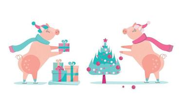conjunto de dois porcos - porquinho de natal com chapéu de papai noel e sharf decora a árvore de natal com bolas. Gilt pega um presente de uma pilha de caixas. ilustração de estilo cartoon plana com texturas e gradientes vetor
