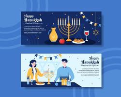 feliz hanukkah feriado judaico modelo de banner horizontal ilustração plana de desenhos animados desenhados à mão vetor