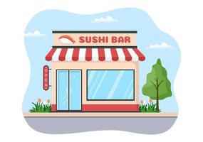 sushi bar japão comida asiática ou restaurante de sashimi e pãezinhos para comer com molho de soja e wasabi em modelo de ilustração plana de desenhos animados desenhados à mão vetor