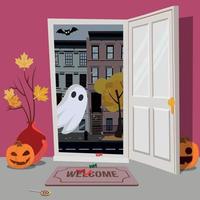 interior da casa, decorado para o halloween, abóbora no corredor atrás da porta. a porta está aberta e o fantasma olha para dentro da rua. ilustração em vetor plana dos desenhos animados.