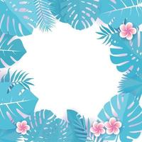 abstrato com folhas tropicais ciano azuis. padrão de selva com flores de frangipani. fundo de design de corte de alcaparra floral. ilustração vetorial quadrada com espaço para texto. cartão tropical. vetor