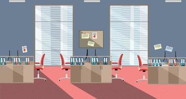 ilustração plana do interior do escritório moderno com grandes janelas em arranha-céu com móveis e computadores nas cores vermelho e cinza. espaço aberto para 6 pessoas. ordem em mesas, pastas, sucatas nas paredes vetor