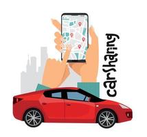 conceito de ilustração vetorial de transporte de cidade móvel. compartilhamento de carro on-line com mãos de mulheres grandes com silhueta de smartphone e cidade. carro esportivo vermelho em primeiro plano de composição com letras vetor