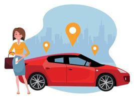 mulher com smartphone em pé perto do carro. alugue um carro usando o aplicativo móvel. conceito de compartilhamento de carros on-line. carro esportivo vermelho no fundo da silhueta da cidade e sinal de geolocalização ilustração vetorial plana dos desenhos animados vetor