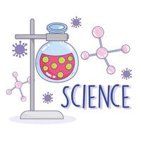letras de ciências e copo de laboratório de química com ícones de moléculas